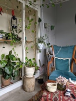 A cozy indoor space filled with greenery, featuring a variety of potted plants on shelves and hanging from the ceiling. A vintage lantern and a dreamcatcher hang as decorative pieces. A comfortable armchair with a teal cushion is positioned near a table covered with a patterned cloth, on which rests a woven basket, a vase with dried flowers, and a box of tissues.