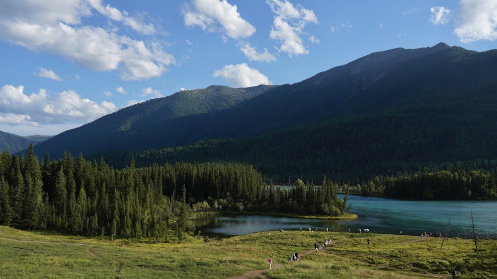 um lago cercado por árvores e montanhas