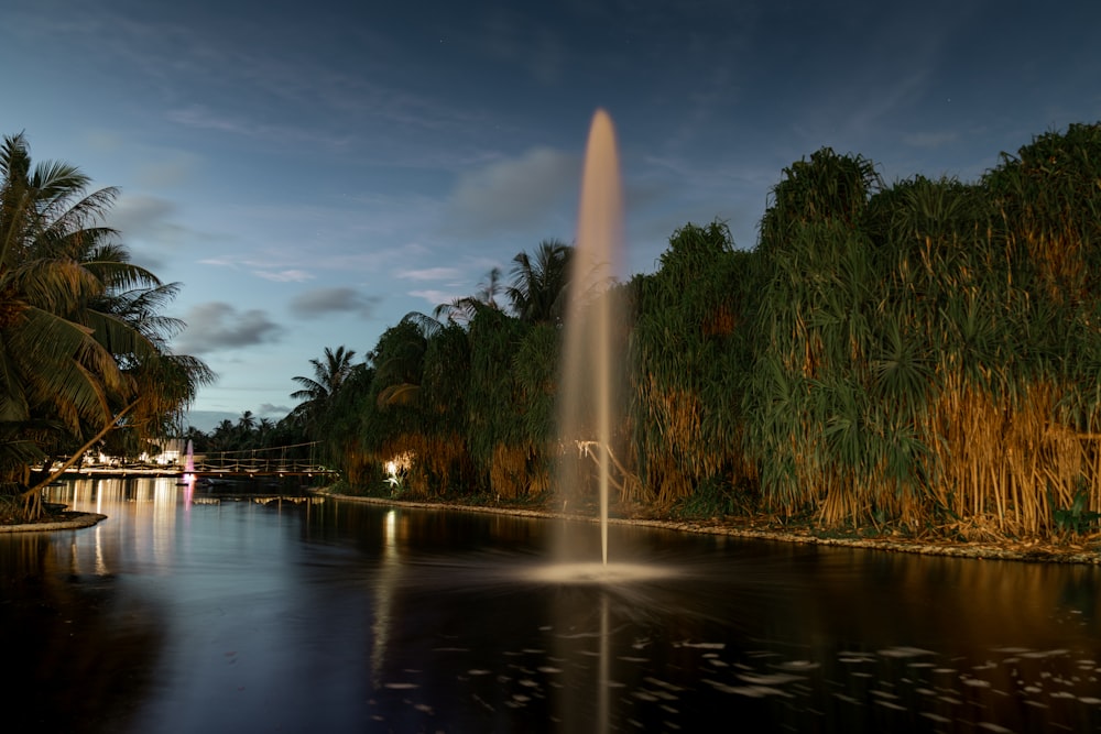 a fountain in a pond