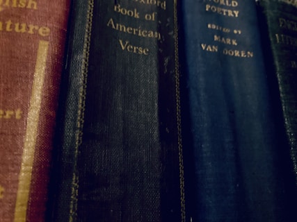 Several hardcover books with aged and textured spines are lined up vertically. The titles include references to literature and poetry, featuring a mix of red, black, and dark blue covers with gold lettering.