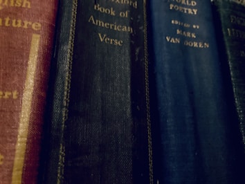 Several hardcover books with aged and textured spines are lined up vertically. The titles include references to literature and poetry, featuring a mix of red, black, and dark blue covers with gold lettering.