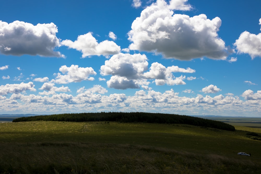 a grassy field with clouds in the sky