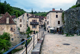 A charming European village with cobblestone paths and blooming flowers in summer.