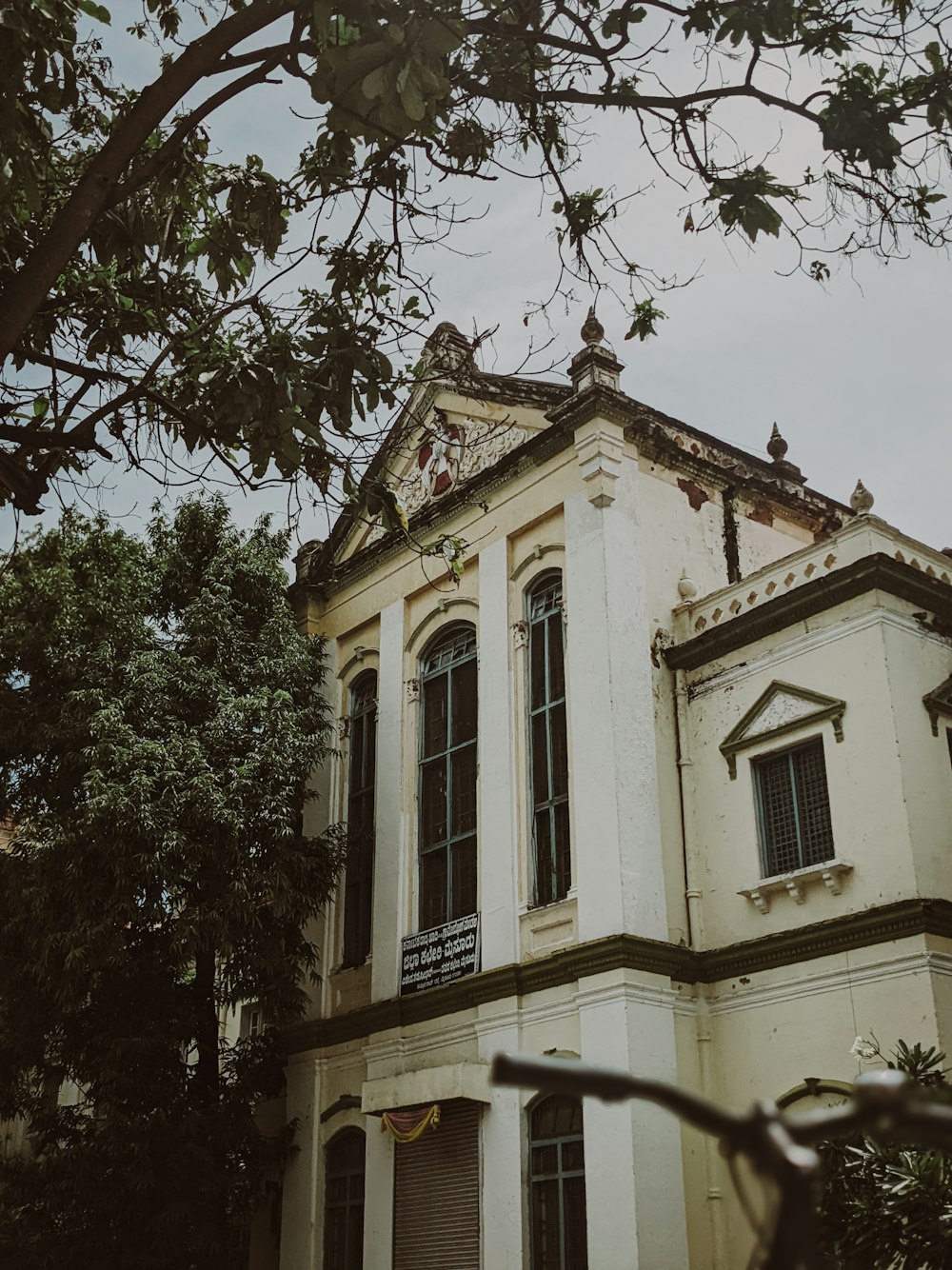 a white building with a tree in the front