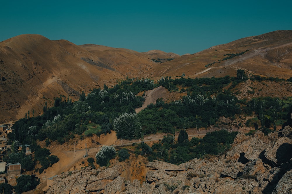 a landscape with hills and trees