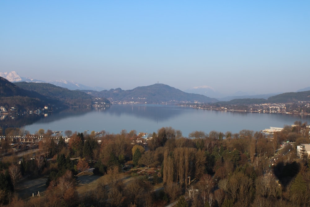 a lake surrounded by trees and mountains