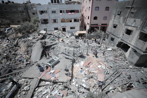 Destroyed buildings and rubble in a city