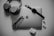 A neatly organized collection of tech gadgets featuring a closed laptop with the Apple logo, over-ear headphones, a smartwatch with a black band, a pair of black-framed glasses, and white wireless earbuds along with their charging case.