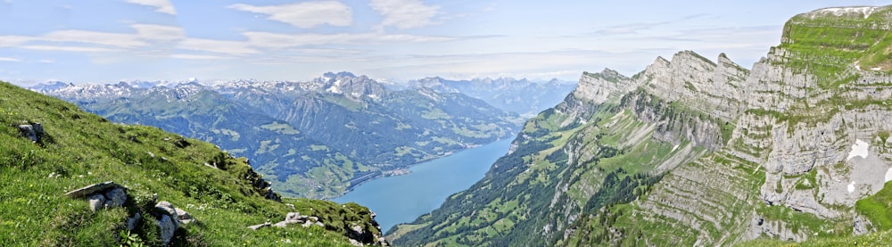 a lake between mountains