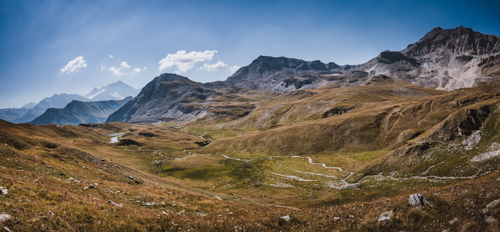 a grassy valley with mountains in the background