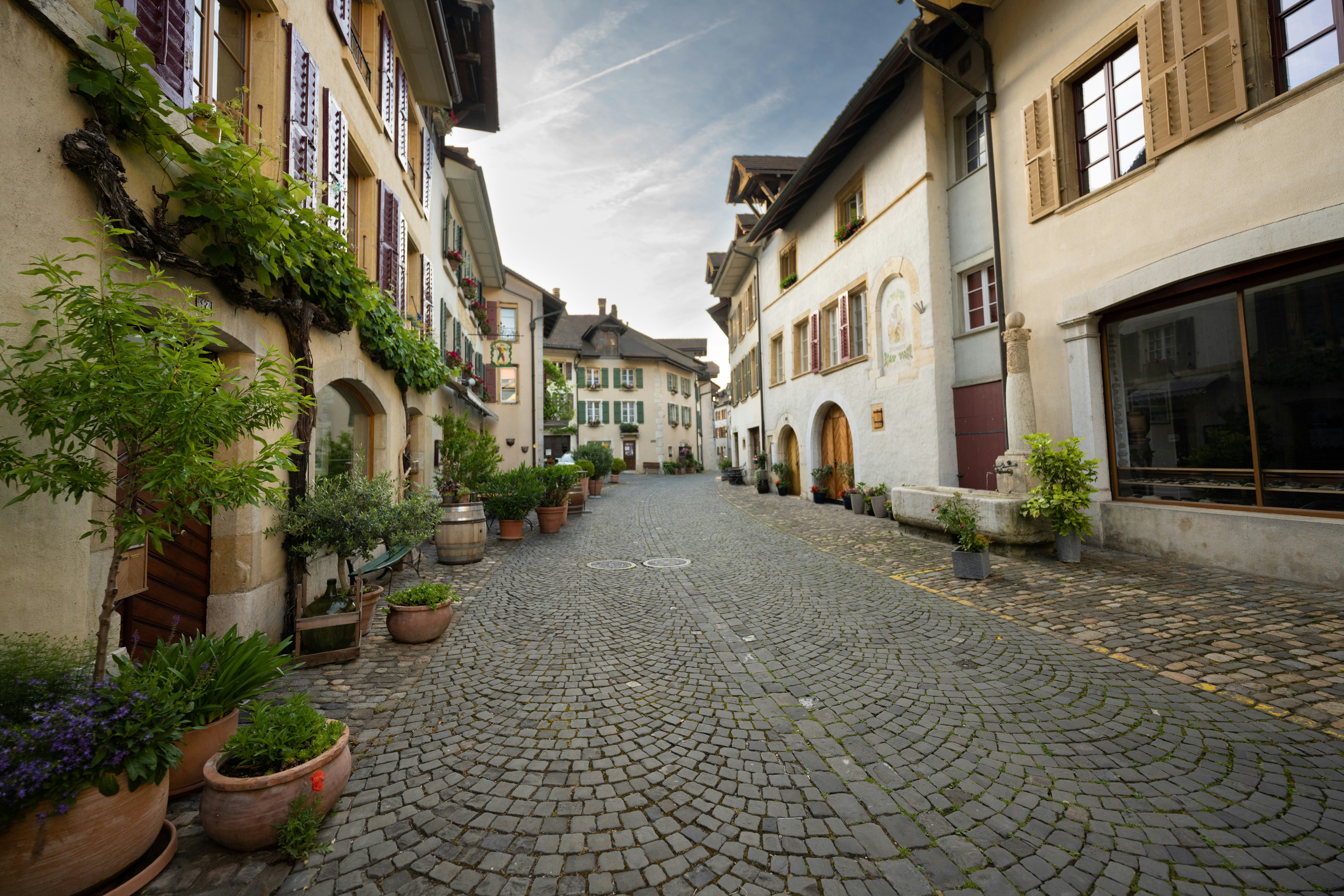 a cobblestone street between buildings