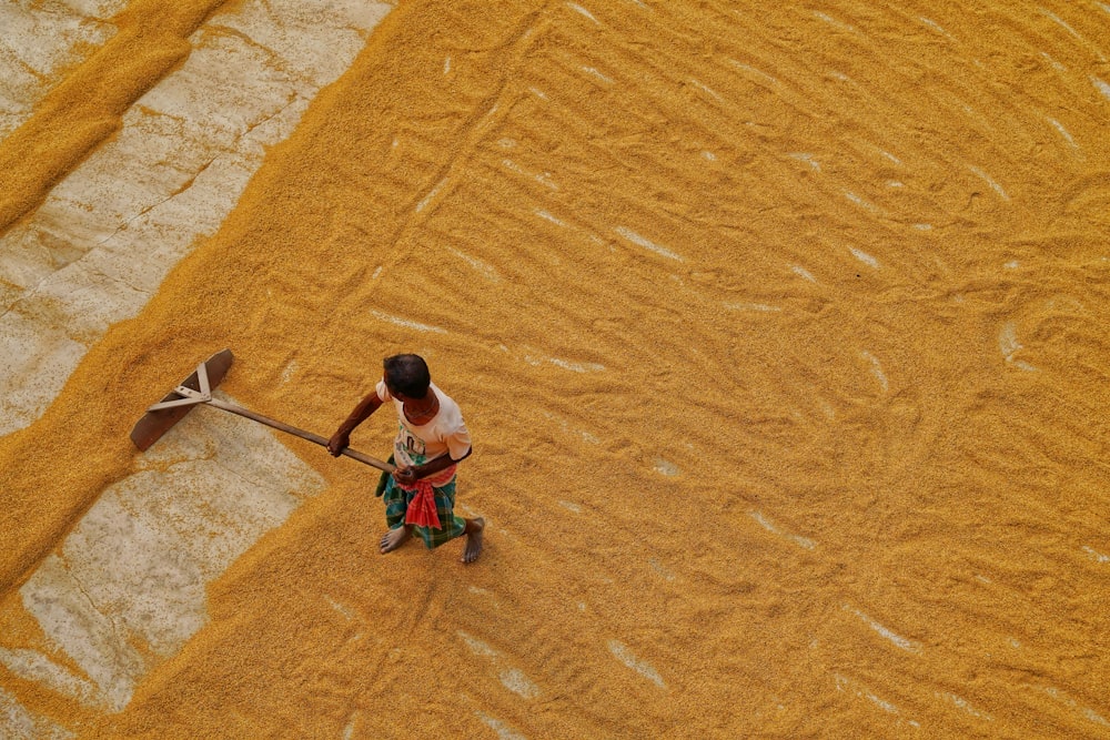 a person holding a stick in a sand dune