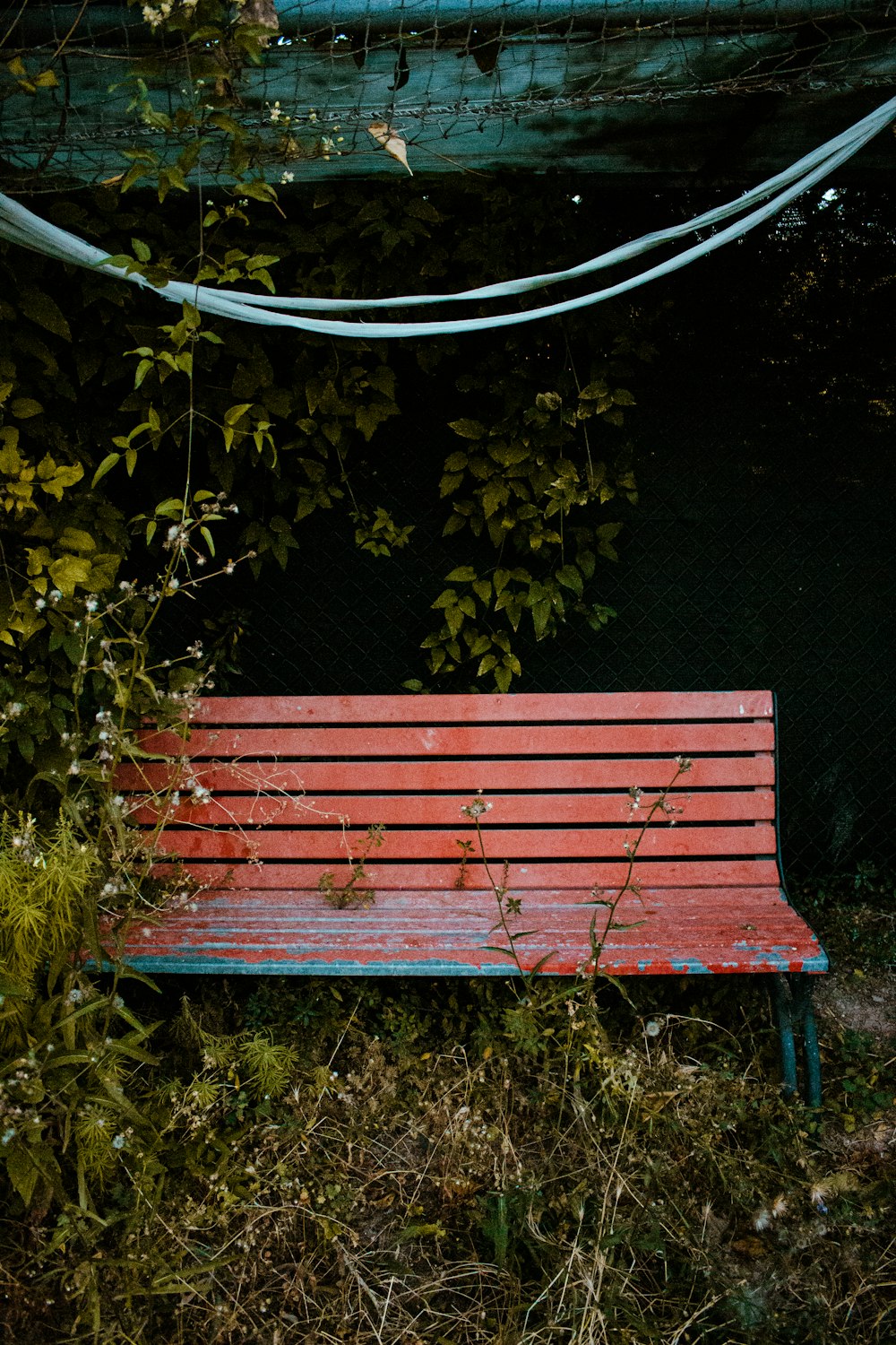 a red bench in front of a bush