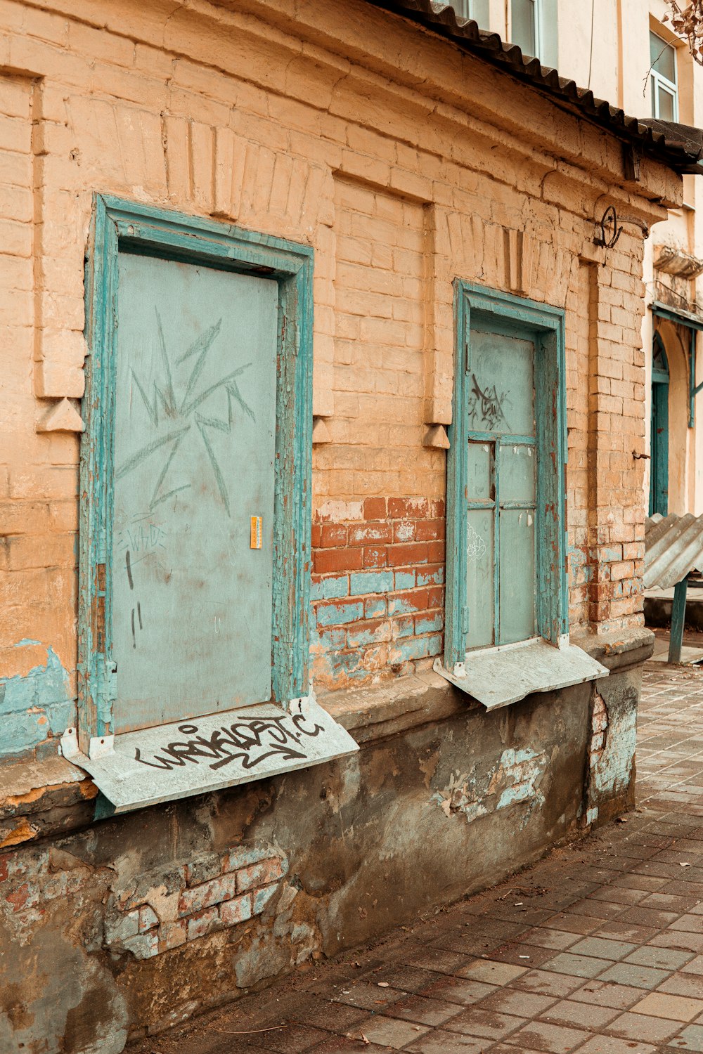 a building with blue doors