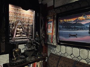 A serene meditation space with symbolic Jungian archetype art on the walls.