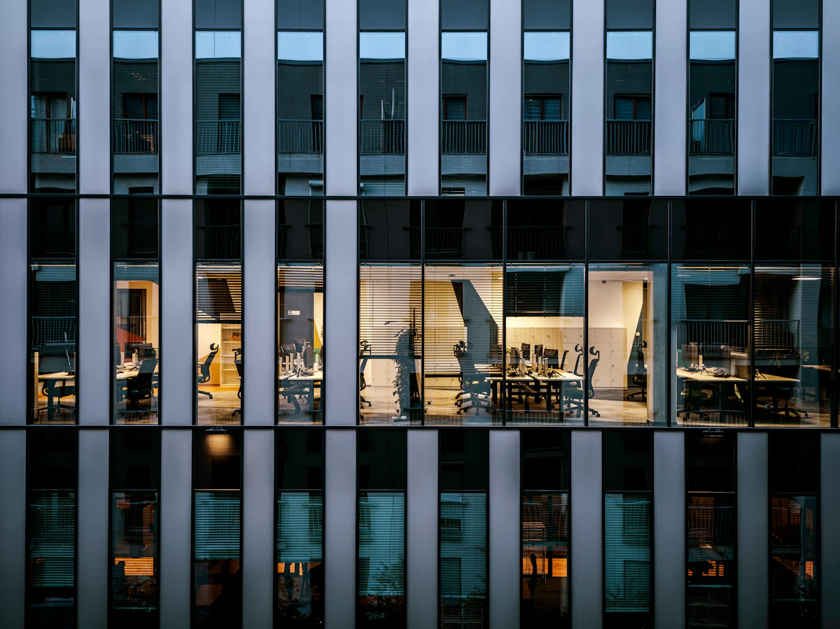 Modern office tower at night