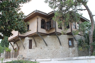 A traditional village house surrounded by trees.