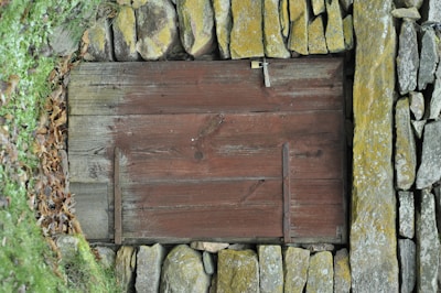 A rustic wooden door with visible grain and aged texture, set into a stone wall composed of unevenly stacked rocks. The stones are covered with patches of moss and lichen, adding earthy tones to the scene. Surrounding leaves and greenery frame the wooden door, suggesting it is part of an outdoor environment.