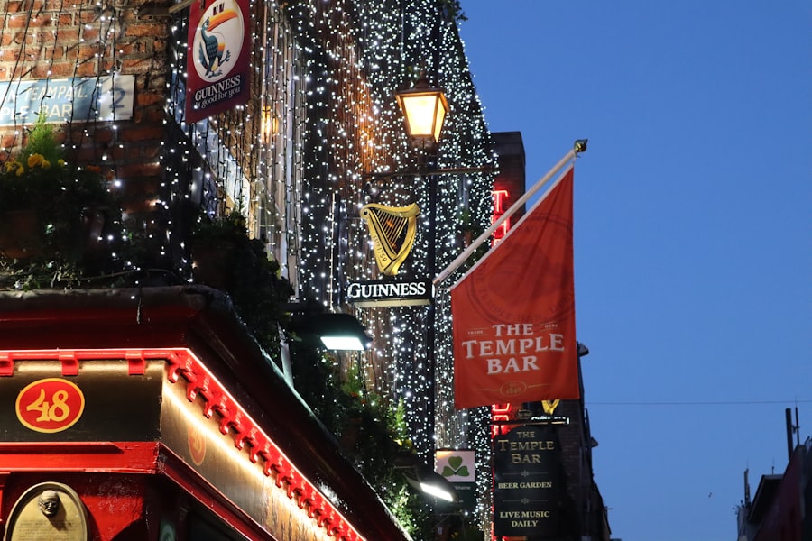 Temple Bar area at night with festive lights