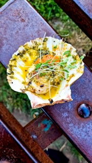 Artfully plated seared scallops with a drizzle of herb oil on a white ceramic dish