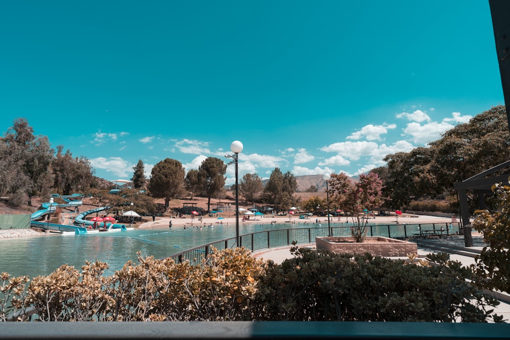 a body of water with boats and trees around it