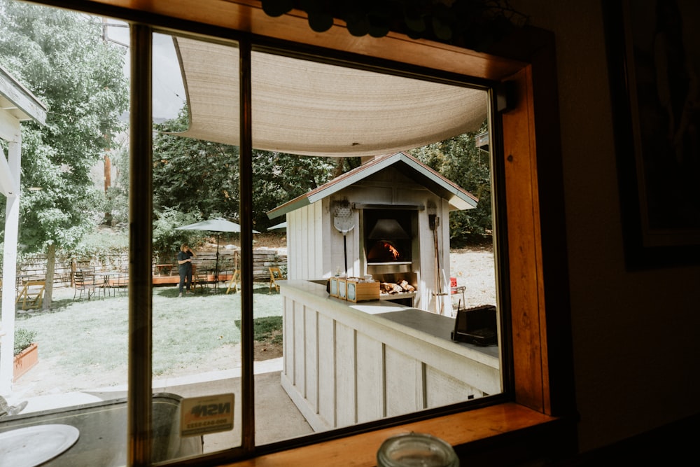 a small oven in a window