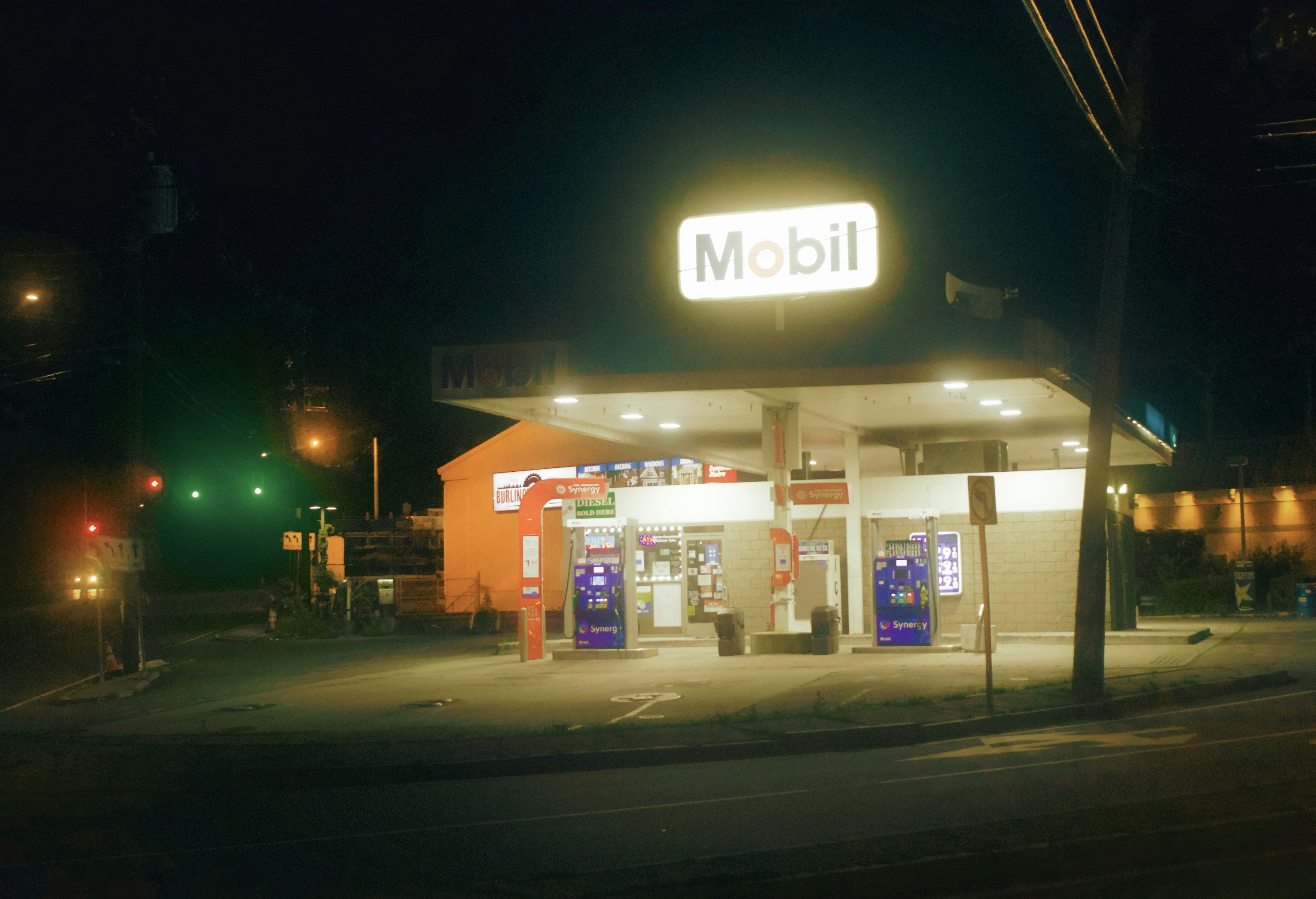 a gas station at night