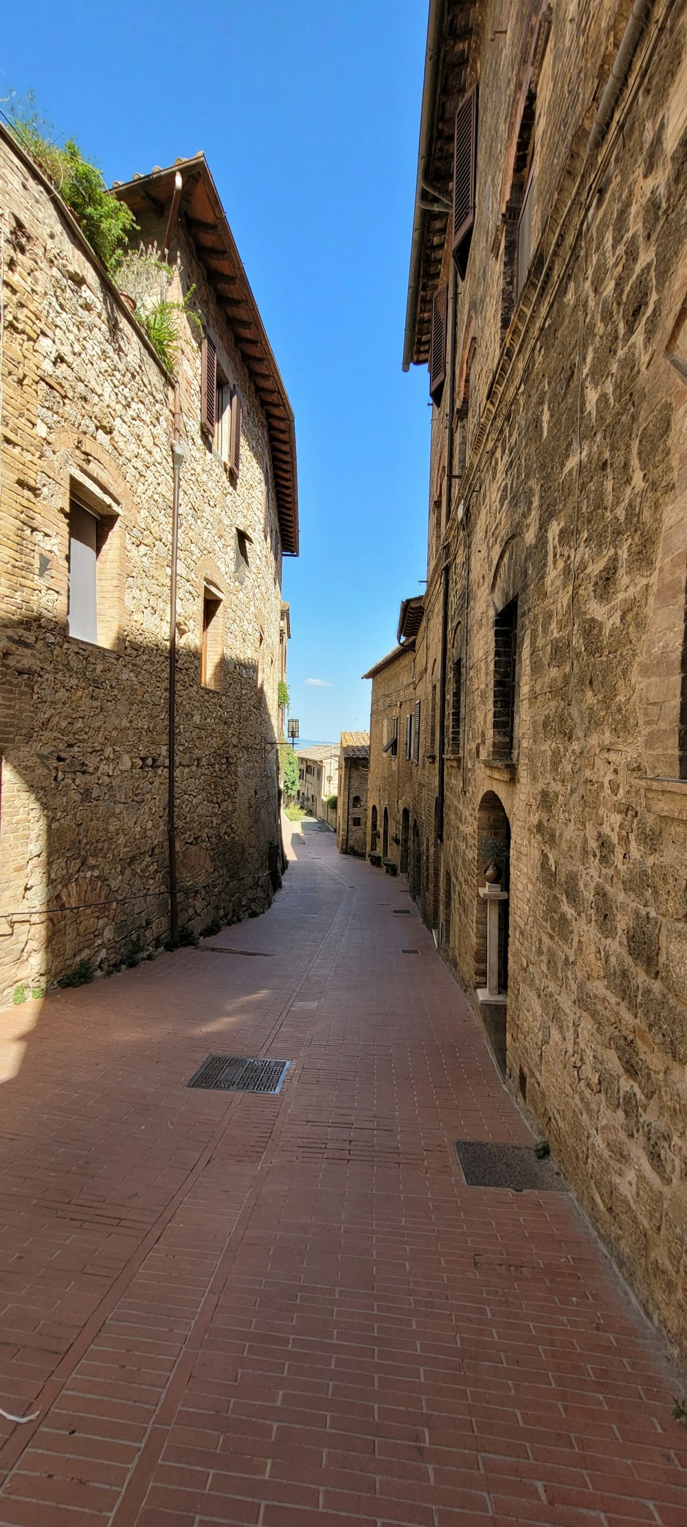 a brick road between two buildings