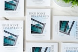 Multiple copies of 'High Point Discovered' magazines arranged on a light surface, featuring a modern architectural building on the cover.