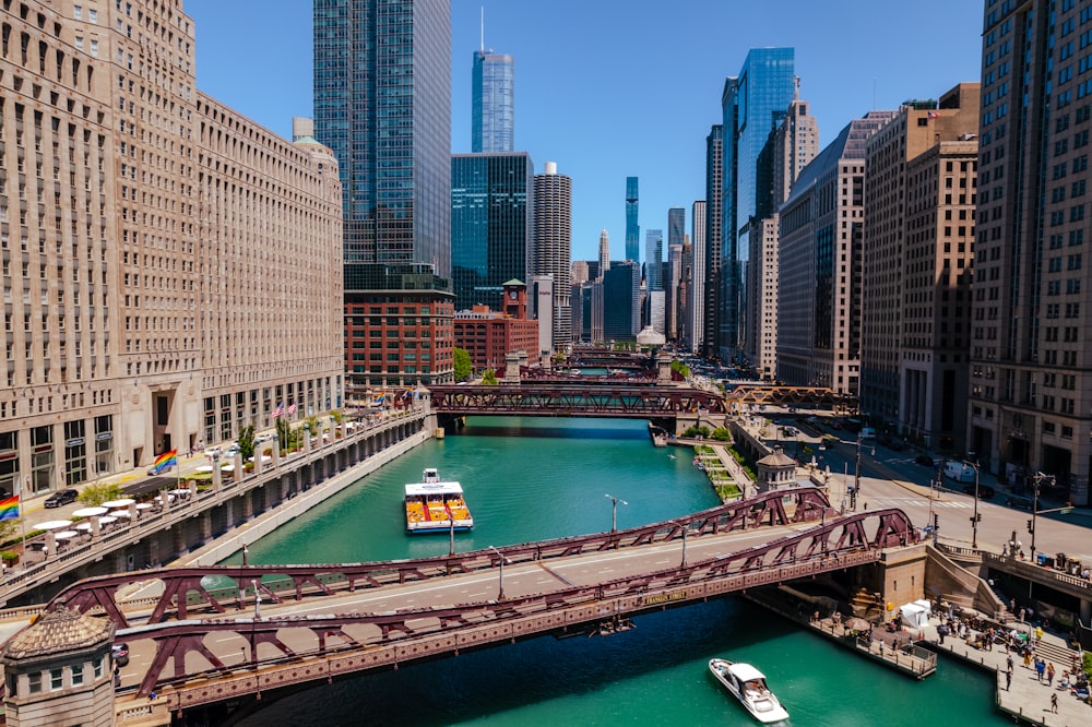 a river with Chicago River and boats
