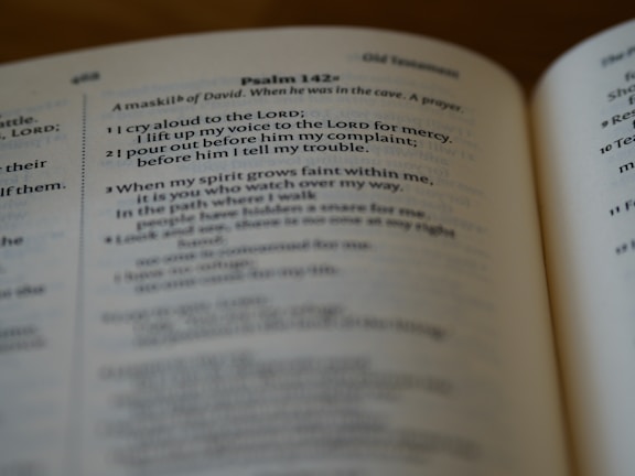 An open book showing a passage from Psalm 142, with text focused on themes of prayer and seeking assistance from the Lord. The book is positioned at an angle, and the lighting is soft, highlighting the text.