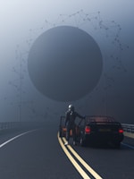 A futuristic scene with a person wearing a spacesuit standing beside an open car door on a foggy road. In the background, a massive spherical object is suspended in the air, connected by geometric lines and nodes, creating a surreal, otherworldly atmosphere.