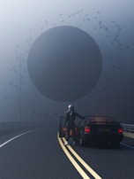 A futuristic scene with a person wearing a spacesuit standing beside an open car door on a foggy road. In the background, a massive spherical object is suspended in the air, connected by geometric lines and nodes, creating a surreal, otherworldly atmosphere.