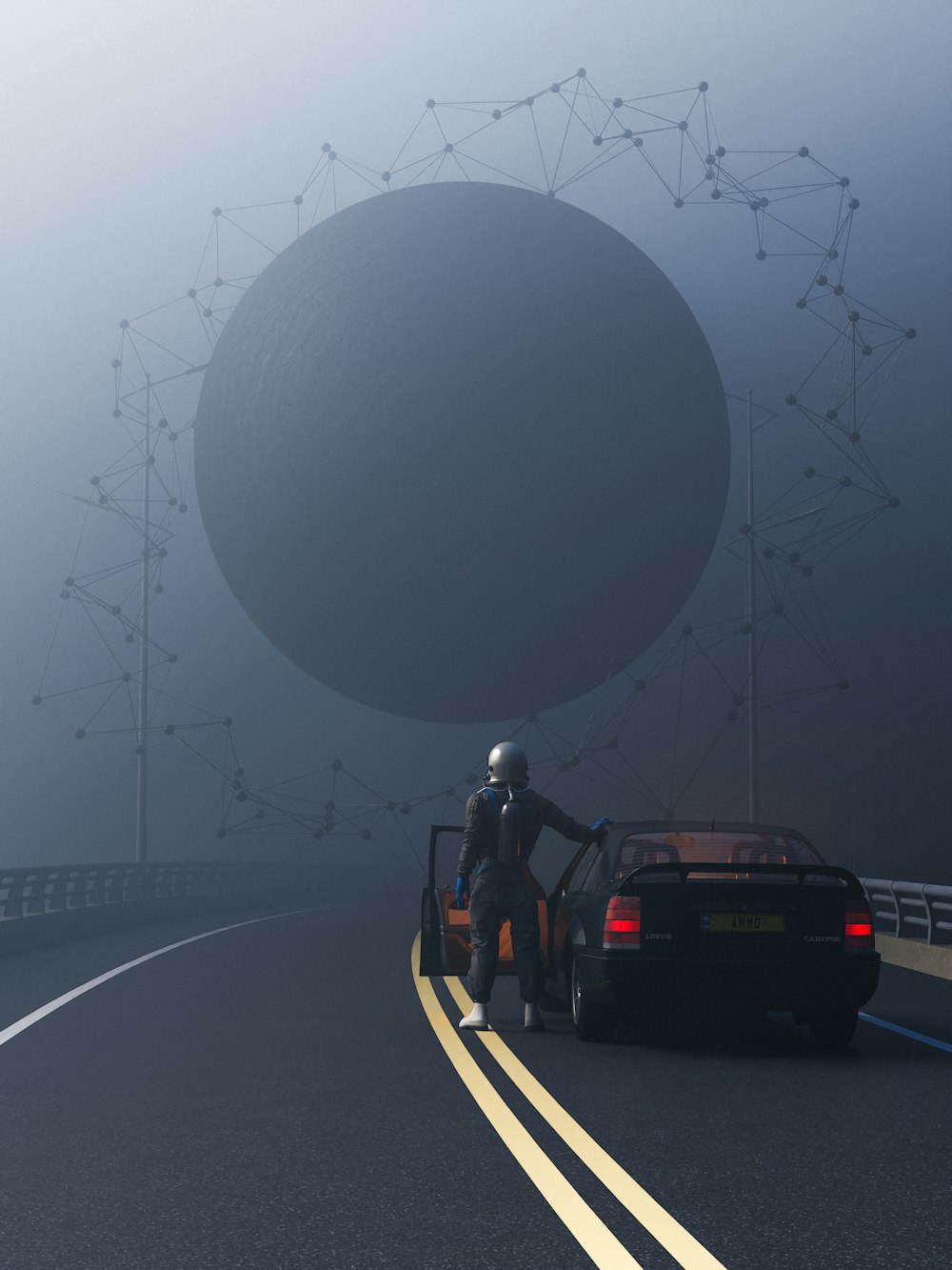 a person standing next to a car with a large balloon in the background