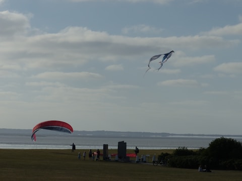 A serene coastal scene with a large red and blue kite in the foreground and another kite soaring higher in the sky. Several people are gathered near the shoreline, enjoying the activity on a grassy expanse. The sea is calm and stretches toward the horizon under a sky dotted with fluffy clouds.
