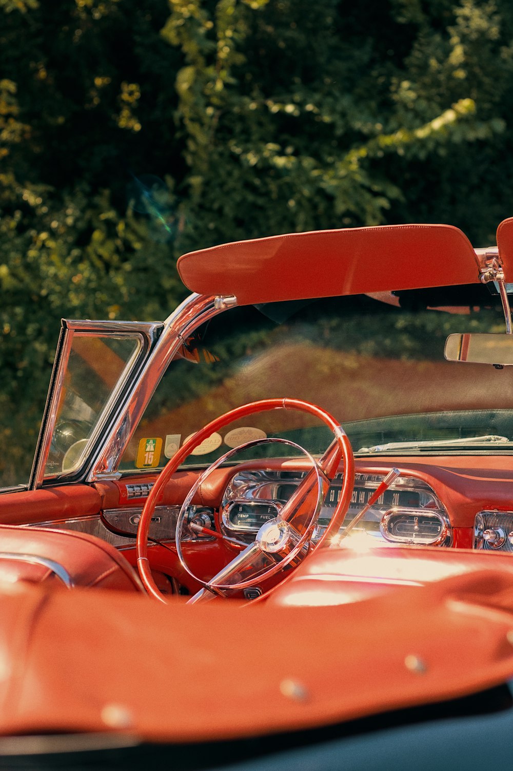 a red car with a large steering wheel