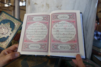 Close-up of a hand flipping through an old, beautifully illustrated Moorish American literature book.