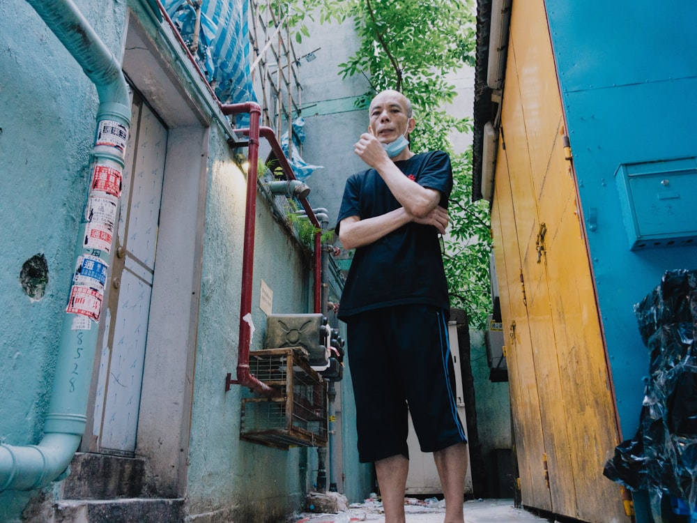 a woman standing outside a building