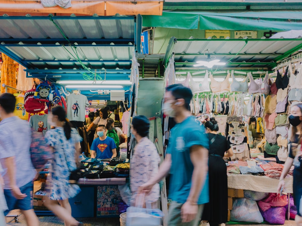 a group of people in a market