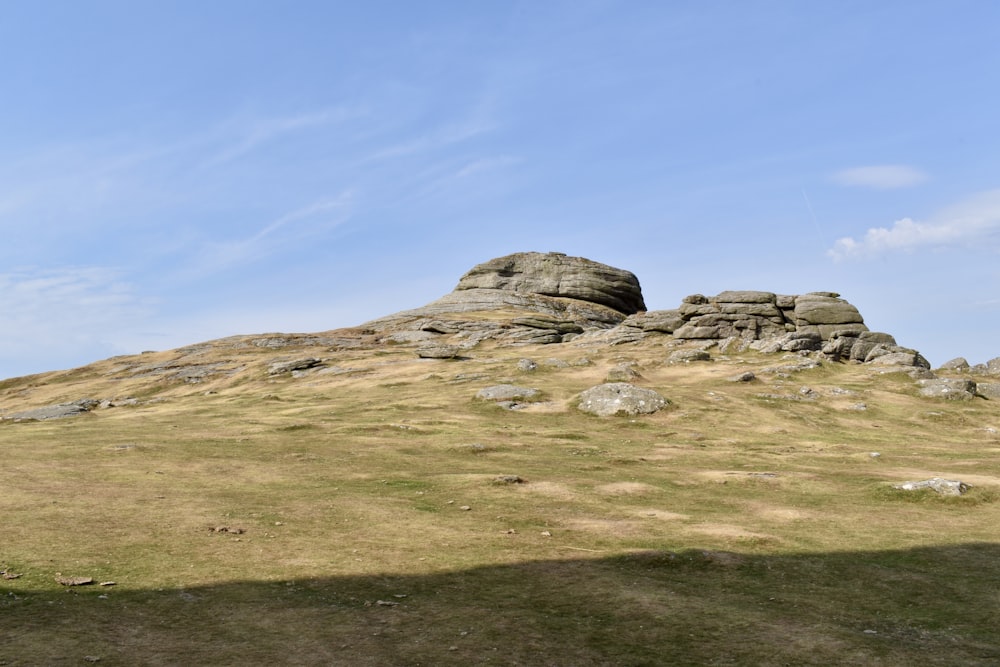 a grassy hill with rocks on it