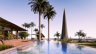 A serene poolside area with tall palm trees and a modern architectural structure resembling a sleek, triangular tower in the background. A contemporary house with glass walls is situated near the pool, and the scene is complemented by beach chairs, umbrellas, and lush greenery. The setting conveys a tropical, relaxing atmosphere.