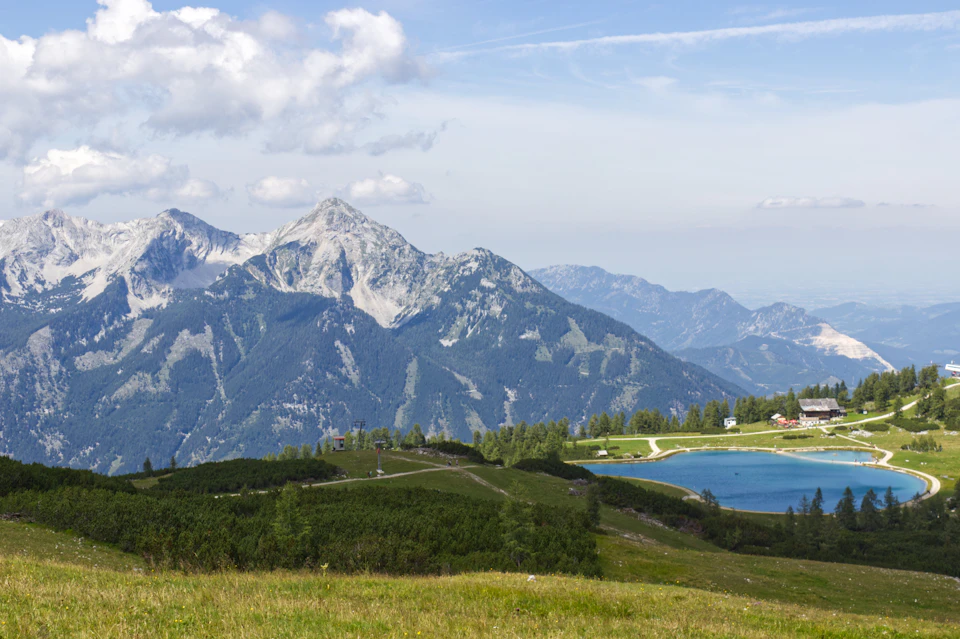 Serene mountainous landscape with a large lake nestled amidst green hills and trees