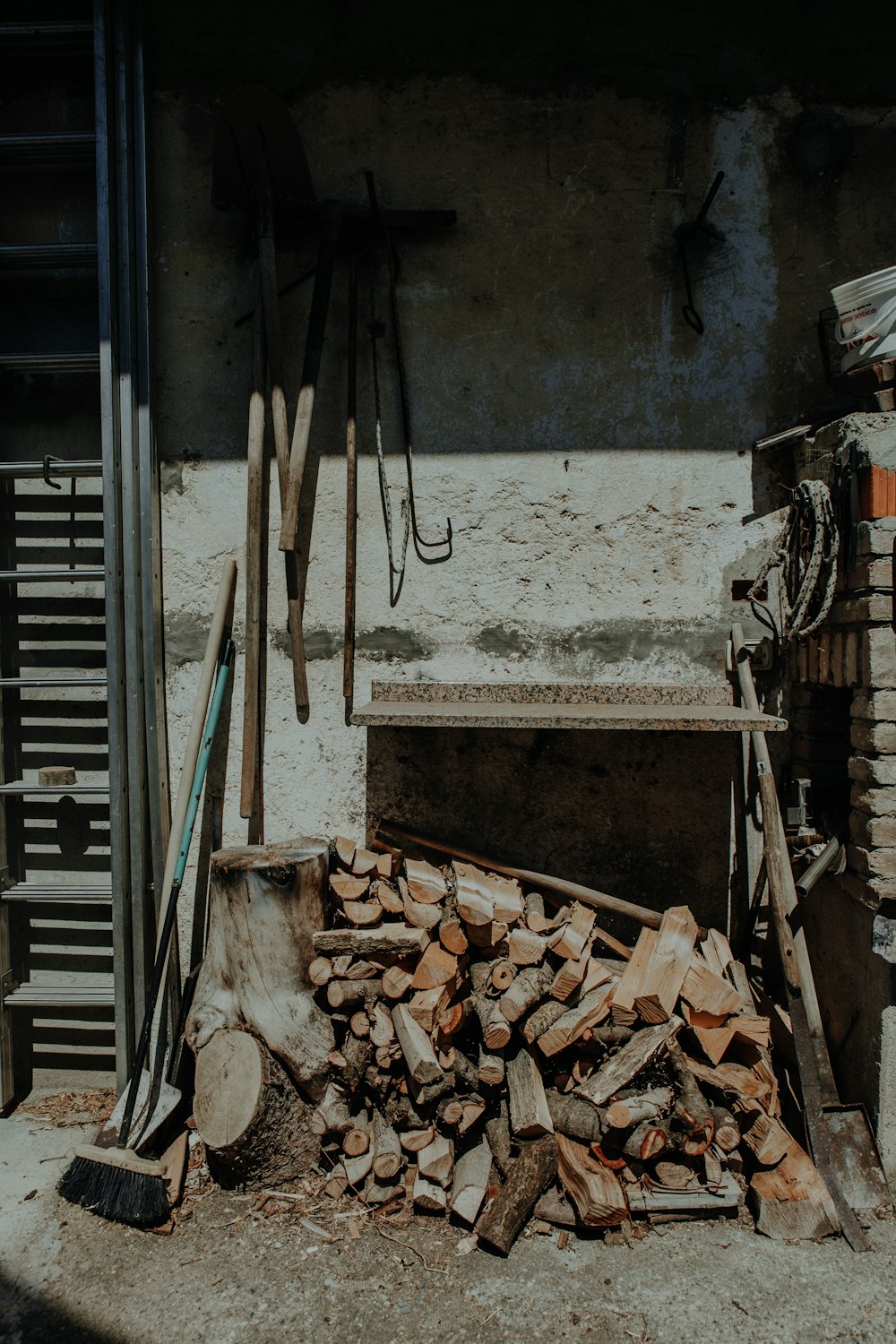 a room that has wood and metal objects in it