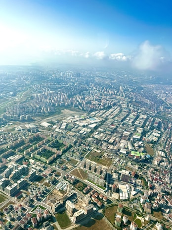 Aerial view of urban infrastructure with visible water supply lines.