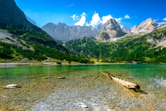 a lake with mountains in the background