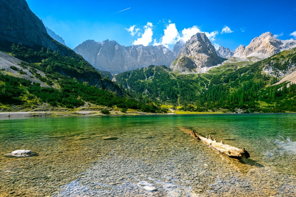 a lake with mountains in the background