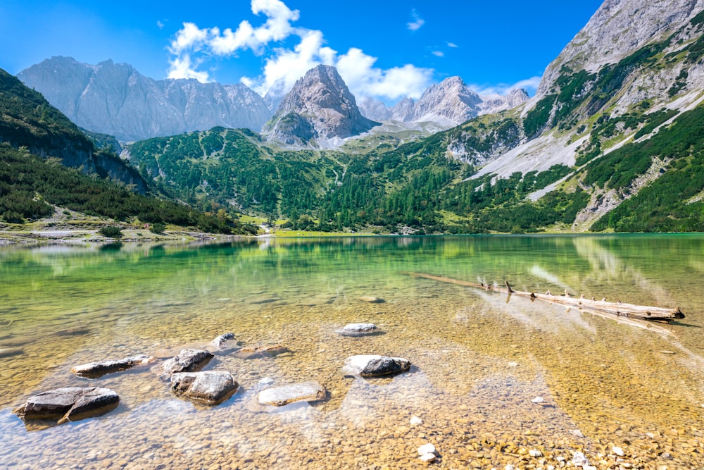 a lake surrounded by mountains