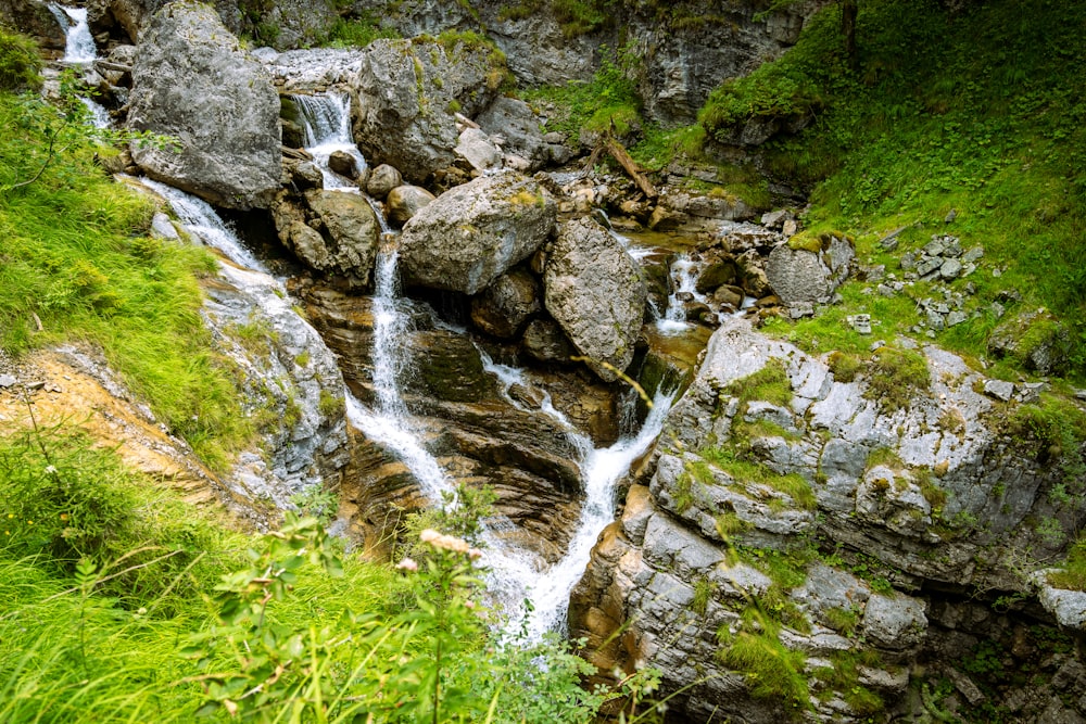 a small waterfall in a rocky area