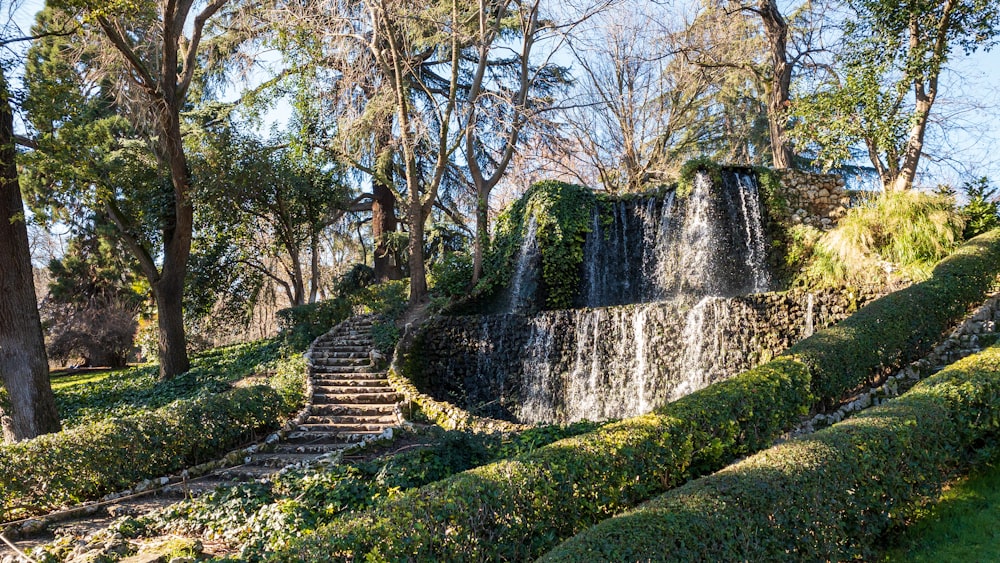 a stone wall with stairs and trees