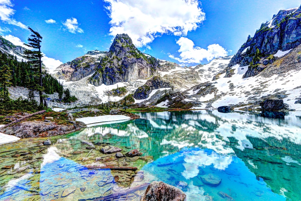 a lake surrounded by mountains